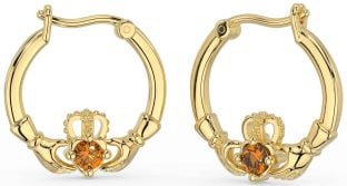 Citrine Gold Claddagh Dangle Earrings