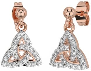 Diamond Rose Gold Silver Celtic Trinity Knot Dangle Earrings