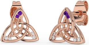 Diamond Amethyst Rose Gold Silver Celtic Trinity Knot Stud Earrings