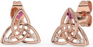 Diamond Pink Tourmaline Rose Gold Silver Celtic Trinity Knot Stud Earrings