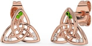 Diamond Peridot Rose Gold Silver Celtic Trinity Knot Stud Earrings