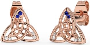 Diamond Sapphire Rose Gold Silver Celtic Trinity Knot Stud Earrings