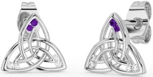 Diamond Amethyst Silver Celtic Trinity Knot Stud Earrings