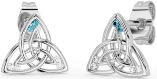 Diamond Aquamarine Silver Celtic Trinity Knot Stud Earrings