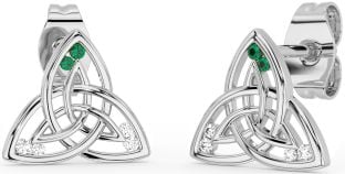 Diamond Emerald Silver Celtic Trinity Knot Stud Earrings
