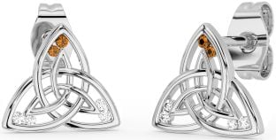 Diamond Citrine White Gold Celtic Trinity Knot Stud Earrings