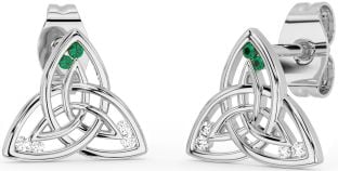 Diamond Emerald White Gold Celtic Trinity Knot Stud Earrings