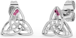 Diamond Pink Tourmaline White Gold Celtic Trinity Knot Stud Earrings