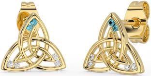 Diamond Aquamarine Gold Celtic Trinity Knot Stud Earrings