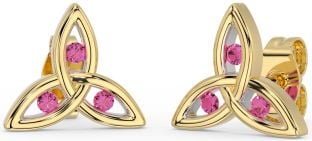 Pink Tourmaline Gold Silver Celtic Trinity Knot Stud Earrings