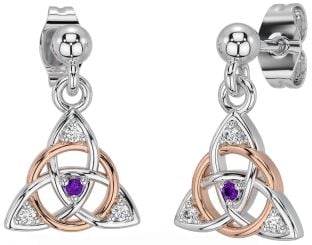 Diamond Amethyst Rose Gold Silver Celtic Trinity Knot Dangle Earrings