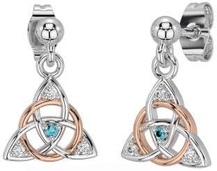 Diamond Aquamarine Rose Gold Silver Celtic Trinity Knot Dangle Earrings