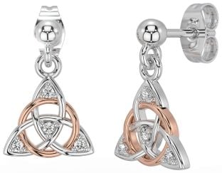 Diamond Rose Gold Silver Celtic Trinity Knot Dangle Earrings
