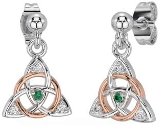 Diamond Emerald Rose Gold Silver Celtic Trinity Knot Dangle Earrings