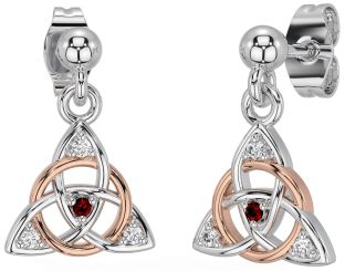 Diamond Garnet Rose Gold Silver Celtic Trinity Knot Dangle Earrings