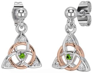 Trandafir Peridot de diamant Nod Celtic Trinity Aur Argint Cercei suspendați