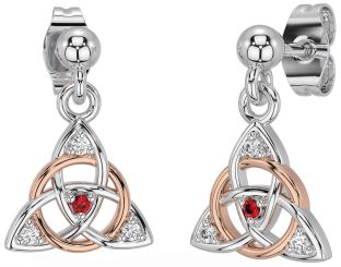 Diamond Ruby Rose Gold Silver Celtic Trinity Knot Dangle Earrings