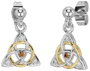 Diamond Citrine Gold Silver Celtic Trinity Knot Dangle Earrings