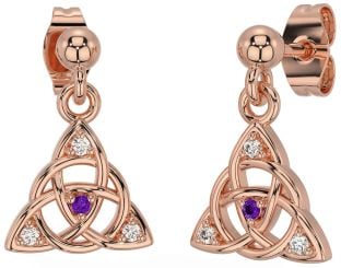 Diamond Amethyst Rose Gold Silver Celtic Trinity Knot Dangle Earrings