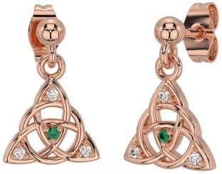 Diamond Emerald Rose Gold Silver Celtic Trinity Knot Dangle Earrings