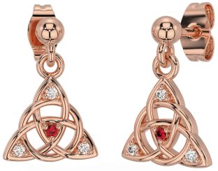 Diamond Ruby Rose Gold Silver Celtic Trinity Knot Dangle Earrings