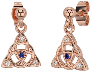 Diamond Sapphire Rose Gold Silver Celtic Trinity Knot Dangle Earrings