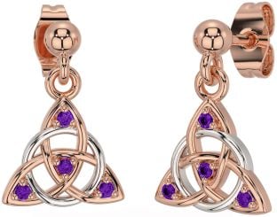 Diamond Amethyst Rose Gold Silver Celtic Trinity Knot Dangle Earrings