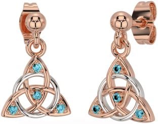 Diamond Aquamarine Rose Gold Silver Celtic Trinity Knot Dangle Earrings