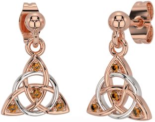 Diamond Citrine Rose Gold Silver Celtic Trinity Knot Dangle Earrings