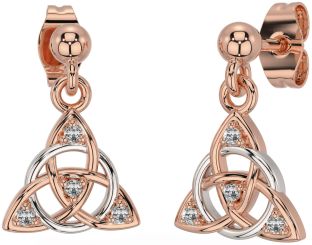 Diamond Rose Gold Silver Celtic Trinity Knot Dangle Earrings