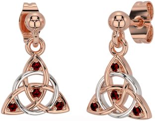 Diamond Garnet Rose Gold Silver Celtic Trinity Knot Dangle Earrings