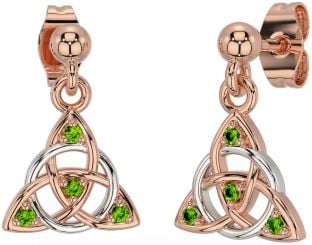 Diamond Peridot Rose Gold Silver Celtic Trinity Knot Dangle Earrings