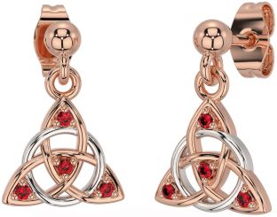 Diamond Ruby Rose Gold Silver Celtic Trinity Knot Dangle Earrings