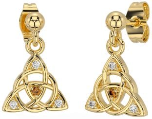 Diamond Citrine Gold Silver Celtic Trinity Knot Dangle Earrings