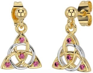 Diamond Pink Tourmaline Gold Silver Celtic Trinity Knot Dangle Earrings