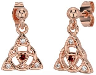 Diamond Garnet Rose Gold Celtic Trinity Knot Dangle Earrings