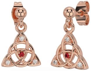 Diamond Ruby Rose Gold Celtic Trinity Knot Dangle Earrings