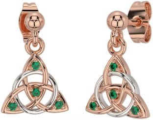 Diamond Emerald White Rose Gold Celtic Trinity Knot Dangle Earrings