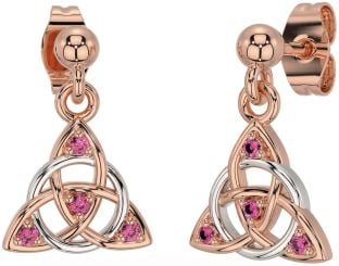 Diamond Pink Tourmaline White Rose Gold Celtic Trinity Knot Dangle Earrings