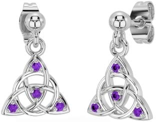 Diamond Amethyst Silver Celtic Trinity Knot Dangle Earrings