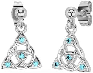 Diamond Aquamarine Silver Celtic Trinity Knot Dangle Earrings