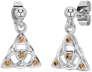 Diamond Citrine Silver Celtic Trinity Knot Dangle Earrings