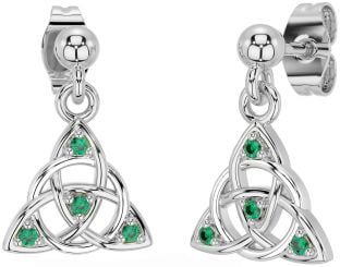 Diamond Emerald Silver Celtic Trinity Knot Dangle Earrings