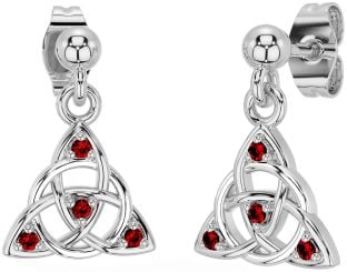 Diamond Garnet Silver Celtic Trinity Knot Dangle Earrings