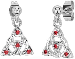 Diamond Ruby Silver Celtic Trinity Knot Dangle Earrings