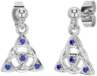 Diamond Sapphire Silver Celtic Trinity Knot Dangle Earrings