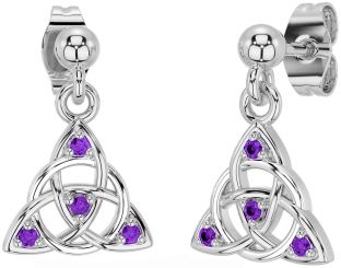 Diamond Amethyst White Gold Celtic Trinity Knot Dangle Earrings