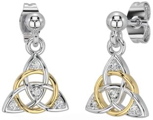 Diamond White Yellow Gold Celtic Trinity Knot Dangle Earrings