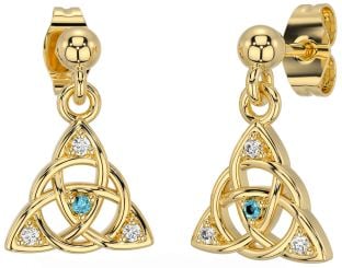 Diamond Aquamarine Gold Celtic Trinity Knot Dangle Earrings