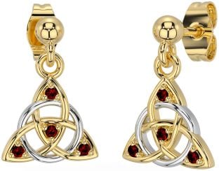 Diamond Garnet White Yellow Gold Celtic Trinity Knot Dangle Earrings